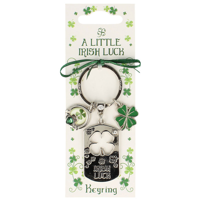 Silver Metal Keychain With Ribbon Clover Charm And 'Irish Luck' Text Design