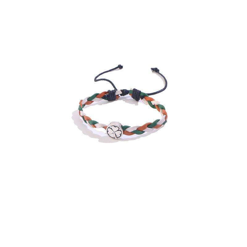 Celtic 3 Strand Leather Bracelet With Shamrock Charm, Tri Colour Design