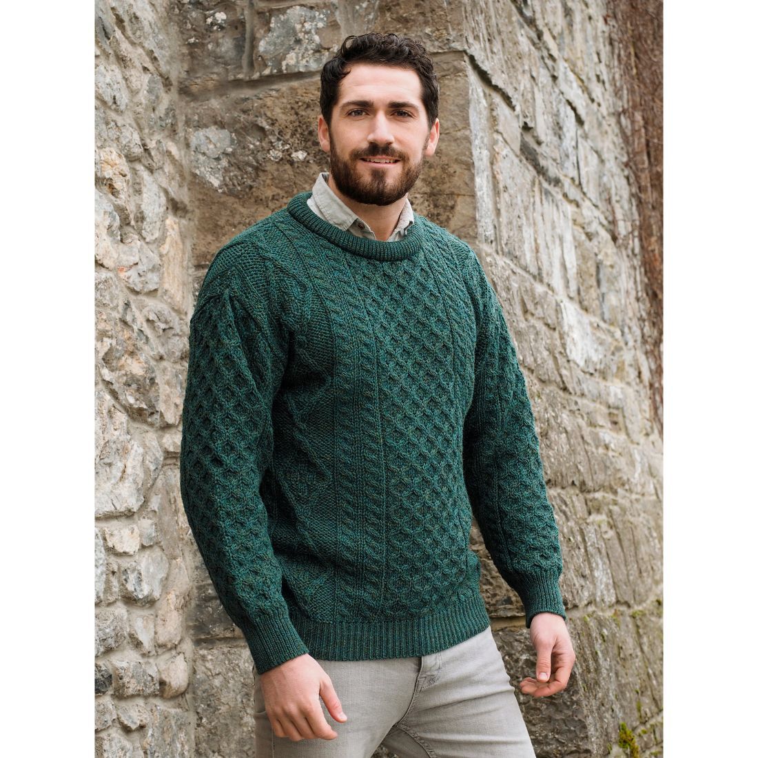 Buy 100% Pure New Wool Moss Green Aran Crew Neck Sweater | Carrolls ...