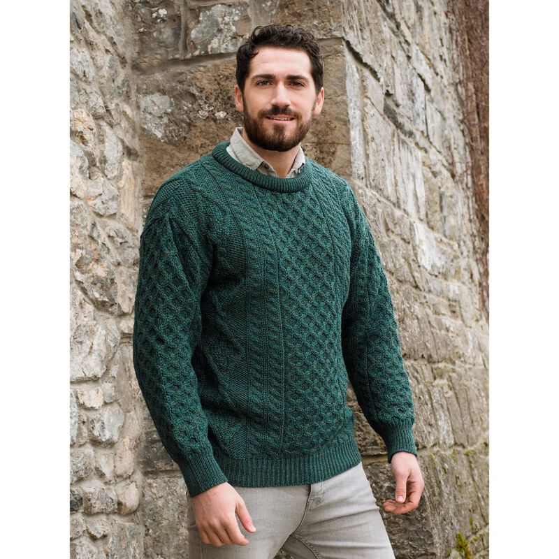 100% Pure New Wool Aran Crew Neck Sweater  Moss Green Colour