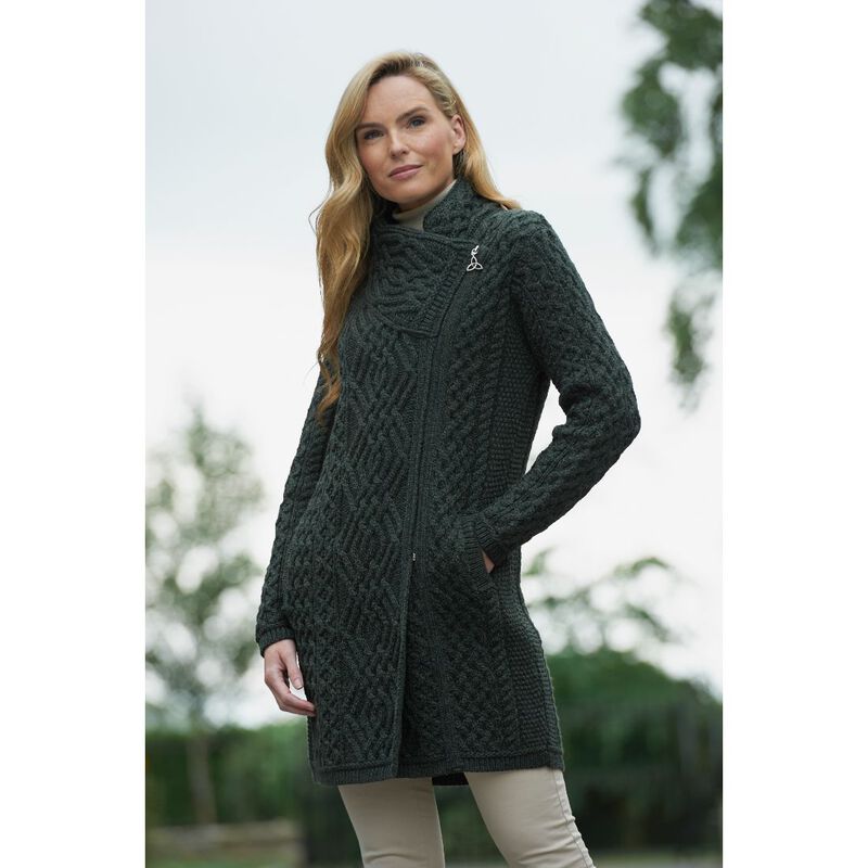 Ladies Merino Wool Cable Knit Coat With Side Zip  Green Colour