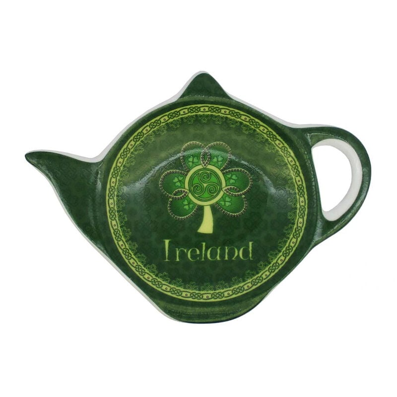 Shamrock Spiral Ireland Tea Bag Holder With A Green And Yellow Celtic Design