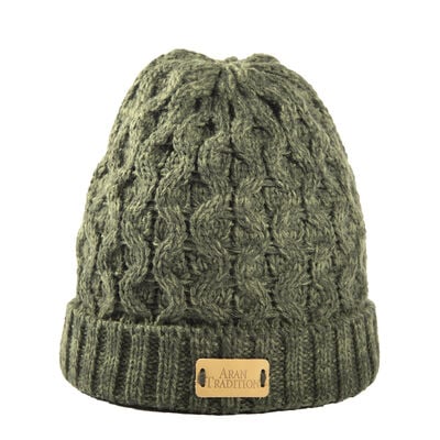 Aran Traditions Classic Green Cable Beanie Hat