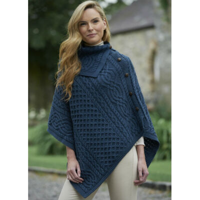 Aran Crafts Traditional Buttoned Cowl Neck Poncho