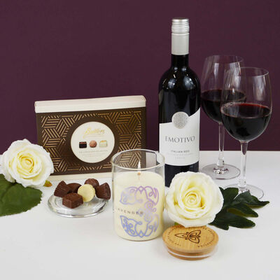 Red Wine With Glasses Set, Chocolate & Relaxing Lavender Candle Hamper (Europe Only)