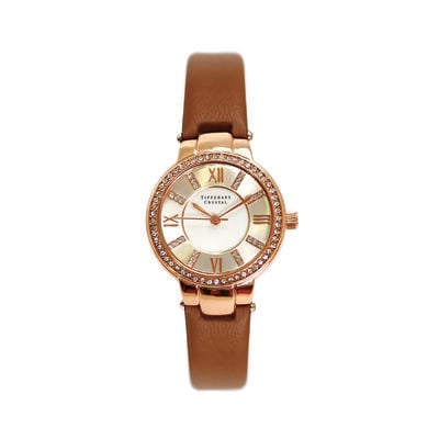 Tipperary Crystal Continuance Rose Gold Ladies Watch With Leather Strap