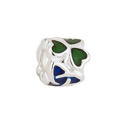 Bead Charm w/ Green Shamrocks and Blue Trinity Knot  Hallmarked Sterling Silver