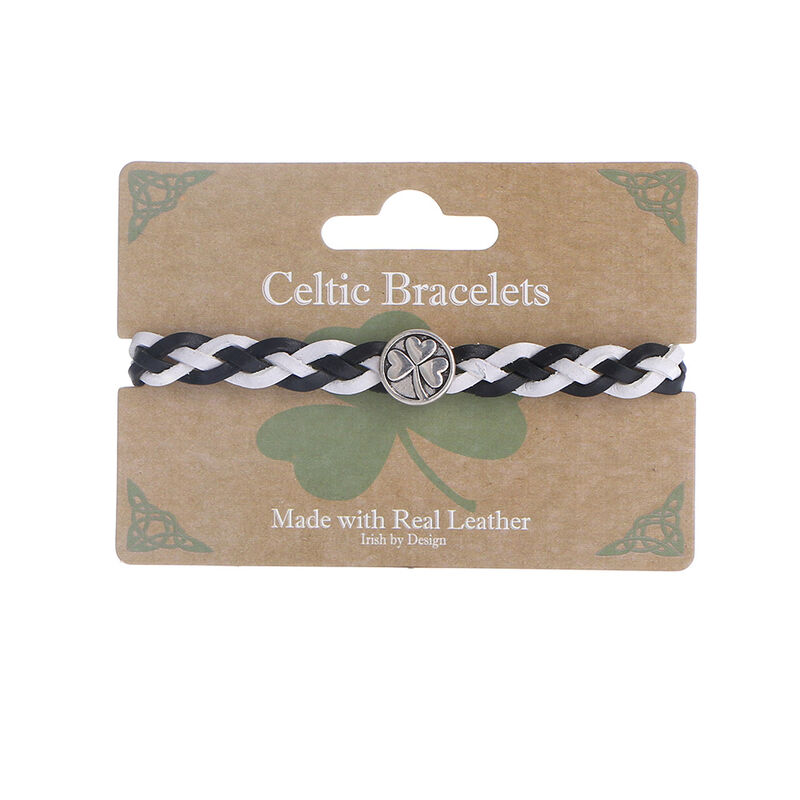 Celtic 4 Strand Leather Bracelet With Shamrock Charm, Black & White Colour