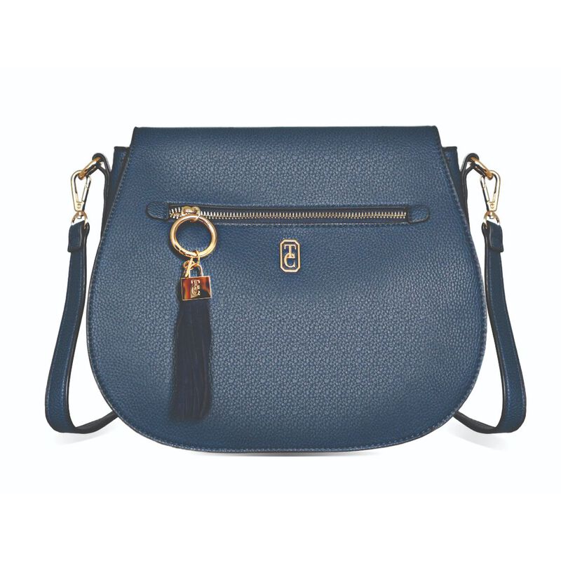 Tipperary Crystal Navy Saddle Style Satchel With Gold Hardware