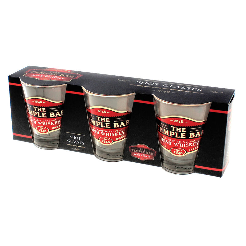 Temple Bar Three Pack Shot Glasses With Traditional Irish Whiskey Design