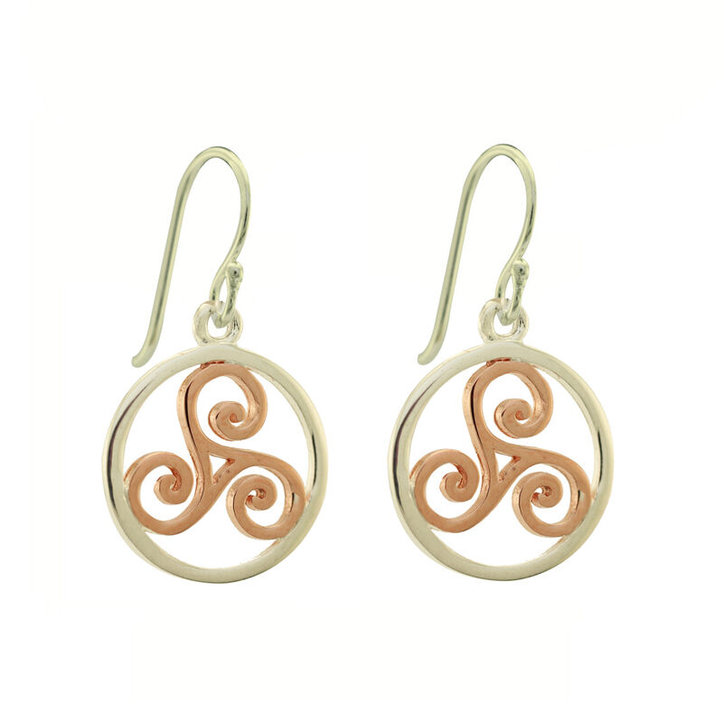 Hallmarked Sterling Silver Triskele Drop Earrings In Silver And Rose Gold