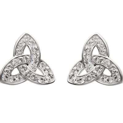 Platinum Plated Trinity Knot Stud Earrings With Clear Crystals
