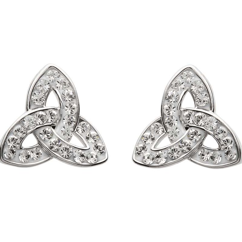 Platinum Plated Trinity Knot Stud Earrings With Clear Swarovski Crystals