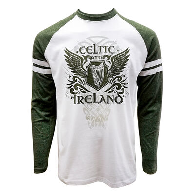 Celtic Nation Long Sleeved T-Shirt With Harp Design  Green And White Colour