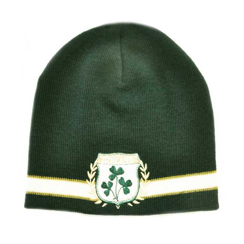 Knitted Hat With Embroidered Ireland Crest And Shamrocks  Green Colour