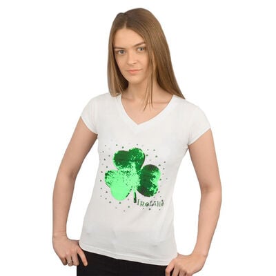 Shamrock Print Ladies V-Neck T-Shirt With Sequins  Green Colour