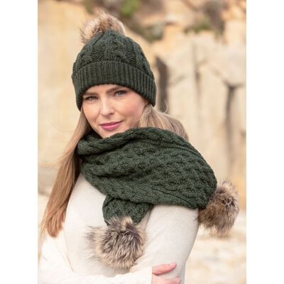 Cable Knit Pattern Pom Pom Hat - Green Colour