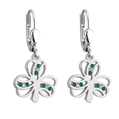 Rhodium Plated Shamrock Drop Earrings With  Green And White Crystals