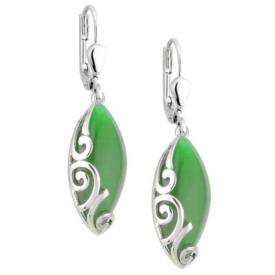 Elegant Green Cat Eye Oval Stone Celtic Designed Drop Earrings