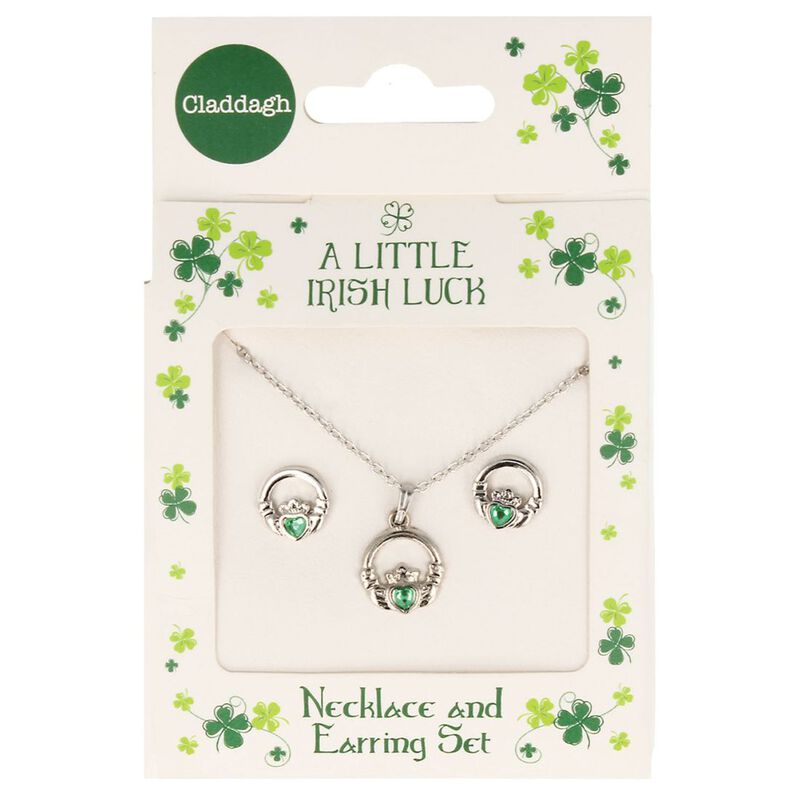 A Little Irish Luck Green Diamante Studded Claddagh Jewellery Set 