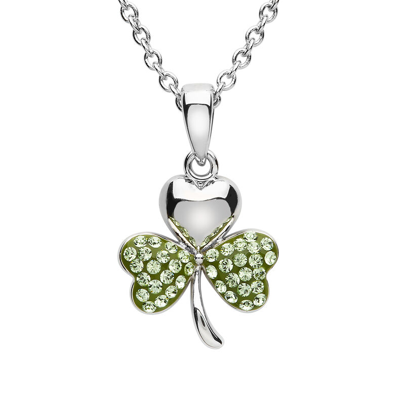 Platinum Plated Shamrock Pendant With Peridot Swarovski Crystals On Ttwo Leafs  Small