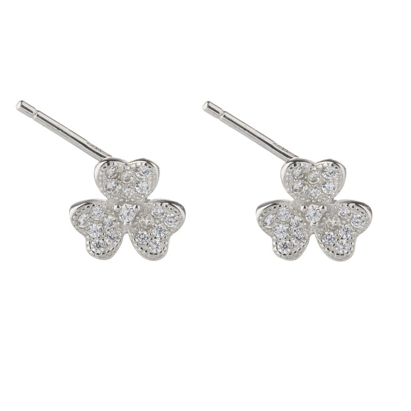 Hallmarked Sterling Silver Shamrock Stud Earrings With Clear Cubic Zirconia Stone