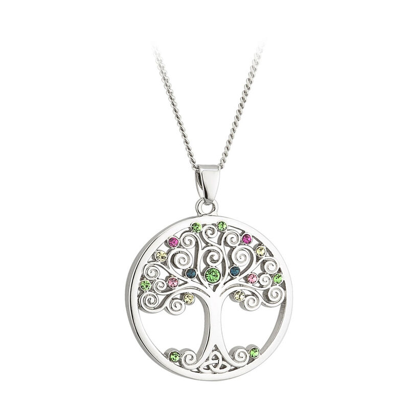 Solvar Rhodium Plated Tree Of Life Pendant Encrusted With Coloured Crystals
