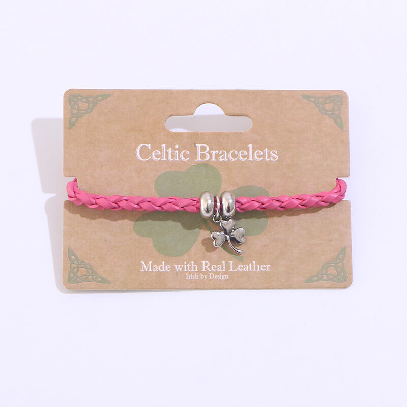 Celtic Leather Weave Bracelet With Shamrock Charm, Pink Colour