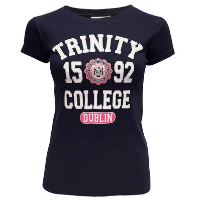 Trinity College Ladies T-Shirt With 1592 Design And College Seal  Navy Colour