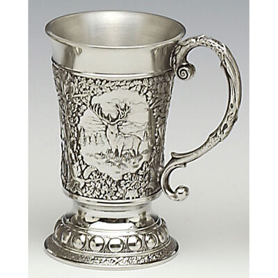 Mullingar Pewter Drinks Measure With Ornate Handle And Irish Stag Scenes