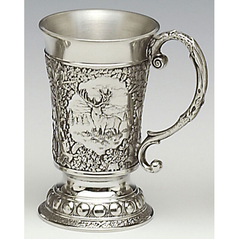 Mullingar Pewter Drinks Measure With Ornate Handle And Red Stag Scenes