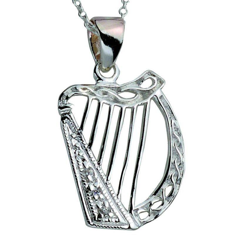 Hallmarked Sterling Silver Pendant With Harp Design And Cubic Zirconia