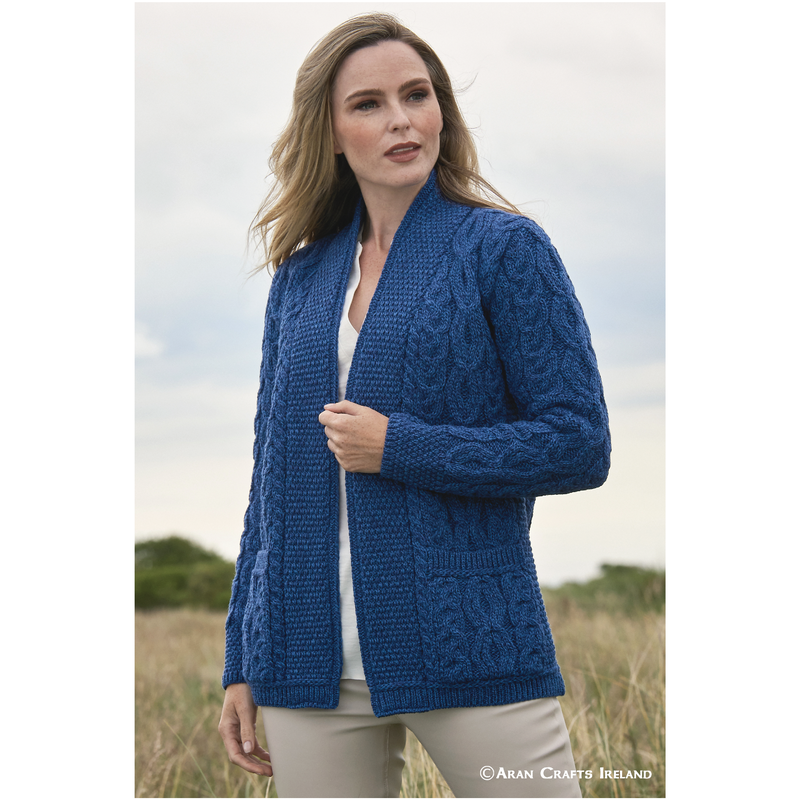 Aran Crafts Short Edge to Edge Cardigan 100% Merino Wool, Mallard Blue Colour