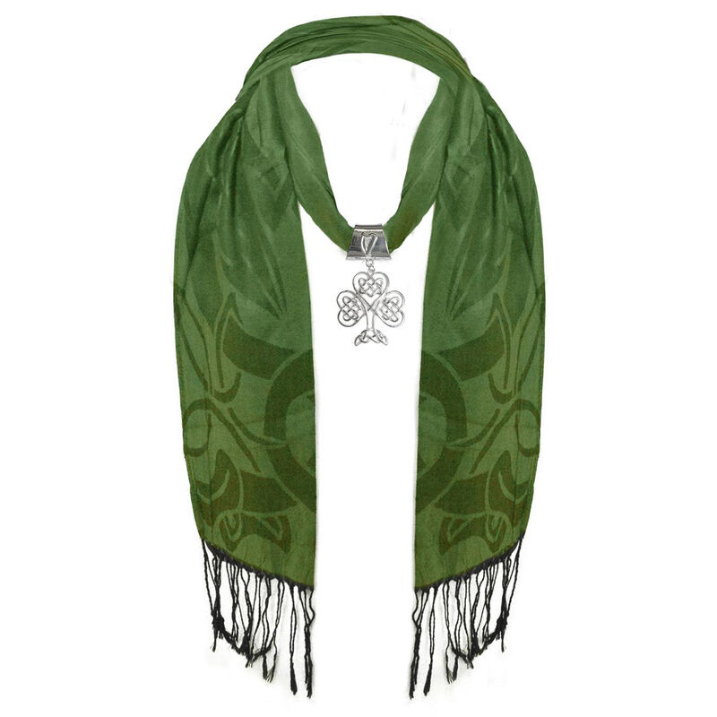 Ladies Green and Black Scarf With Large Metal Celtic Shamrock Pendant