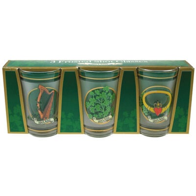 Three Pack Shot Glasses With Harp  Shamrock And Claddagh Prints
