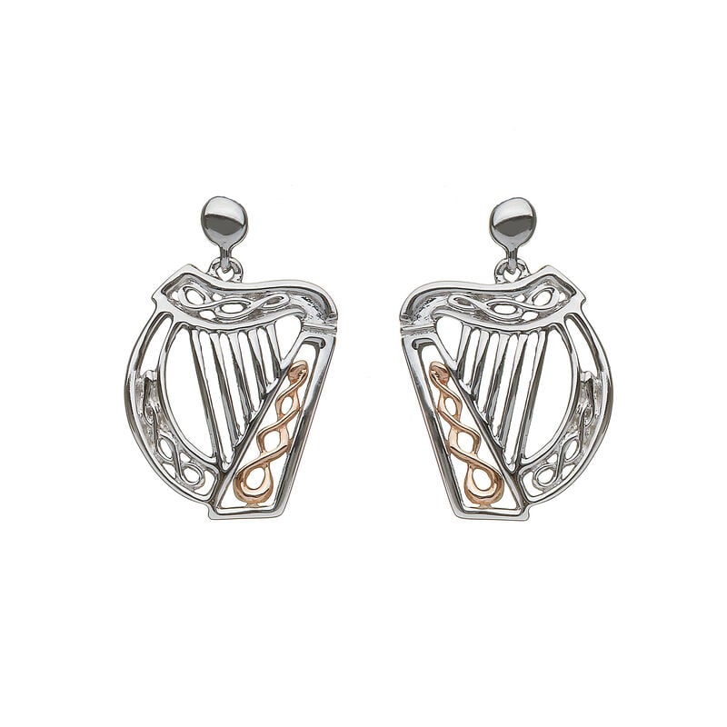 Hallmarked Sterling Silver Irish Harp Earrings with Rose Gold