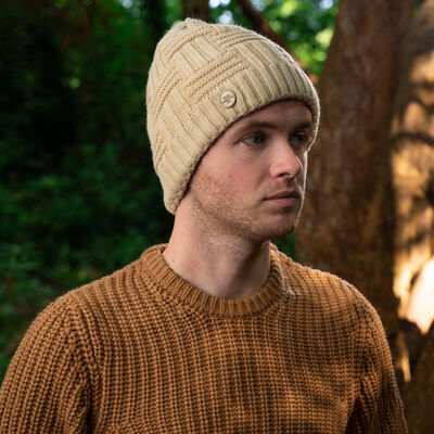 Irish Knitwear Co. Basket Weave Knitted Beanie Hat, Oatmeal Colour
