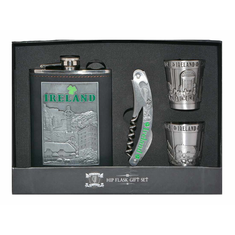 Ireland Collage Hip Flask Gift Set With Shot Glasses And Bottle Opener