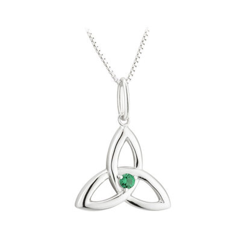 Hallmarked Sterling Silver Trinity Knot Pendant with Green Crystal Centre