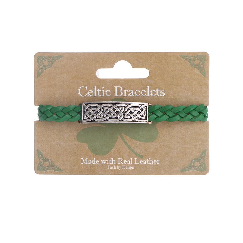 Celtic 4 Strand Leather Bracelet With Knotwork Bar Design, Green Colour