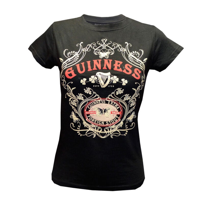 Guinness Ladies T-Shirt With Butterfly and Extra Foreign Stout Print  Black Colour