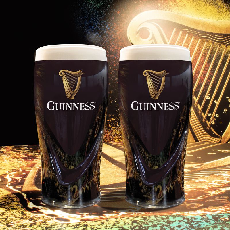 Guinness Logo Two-Pack Pint Glass Set With Embossed Gold Harp