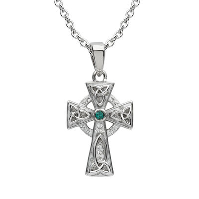 Platinum Plated Celtic Cross Pendant With Green Crystals Centre Stone
