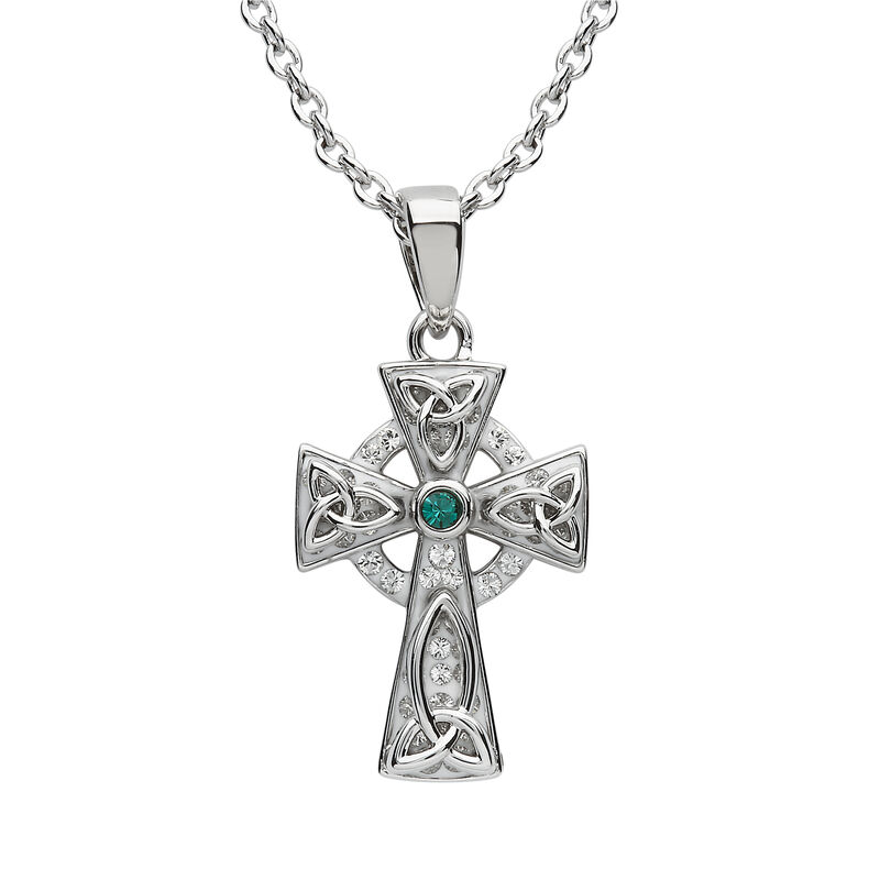 Platinum Plated Celtic Cross Pendant With Green Swarovski Crystals Centre Stone