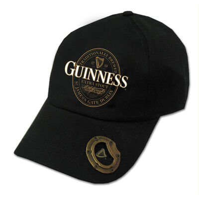 Black Guinness Baseball Cap With Extra Stout Label Design And Bottle Opener