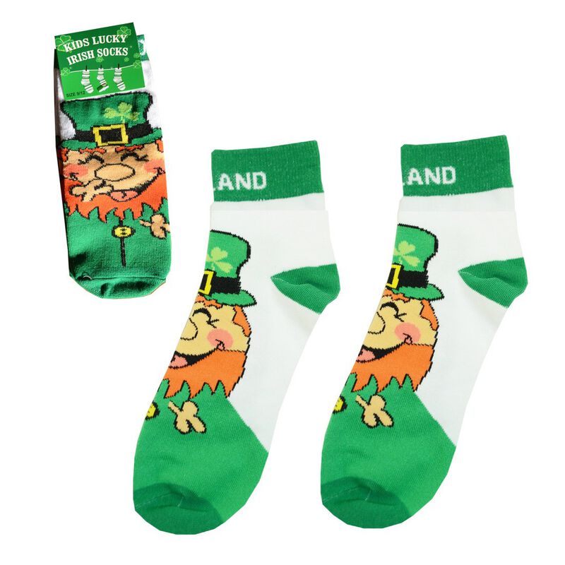 Laughing Leprechaun Socks with Ireland Text and Green Heels  White Colour