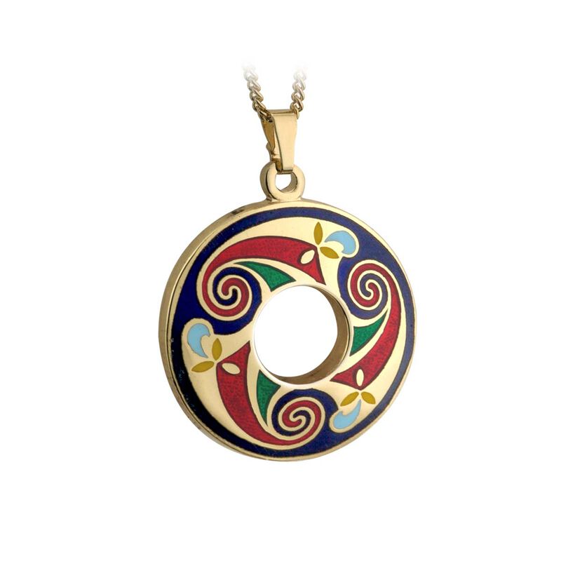 Gold Plated Celtic Spiral Blue, Red, Gold Medium Round Pendant