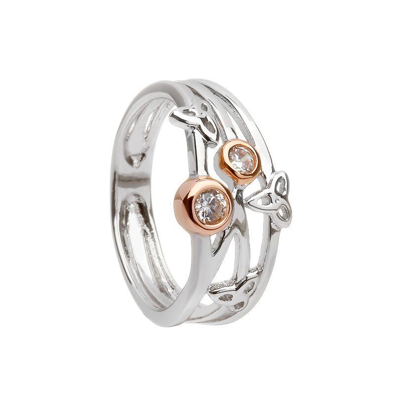Hallmarked Sterling Silver Ring With Rose Gold Plated Circles And Trinity Knots