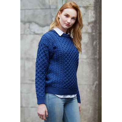 100% Merino Wool Crew Neck Traditional Sweater, Denim Colour