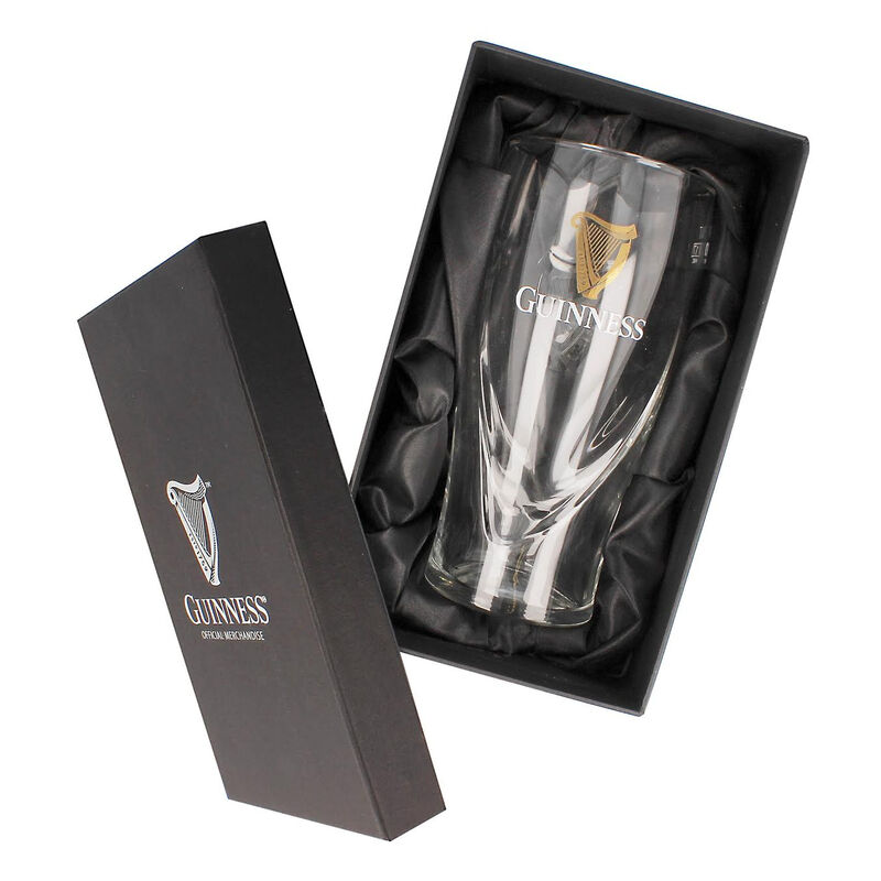 Guinness embossed 540ml pint glass inside a black gift box with black fabric lining on the inside